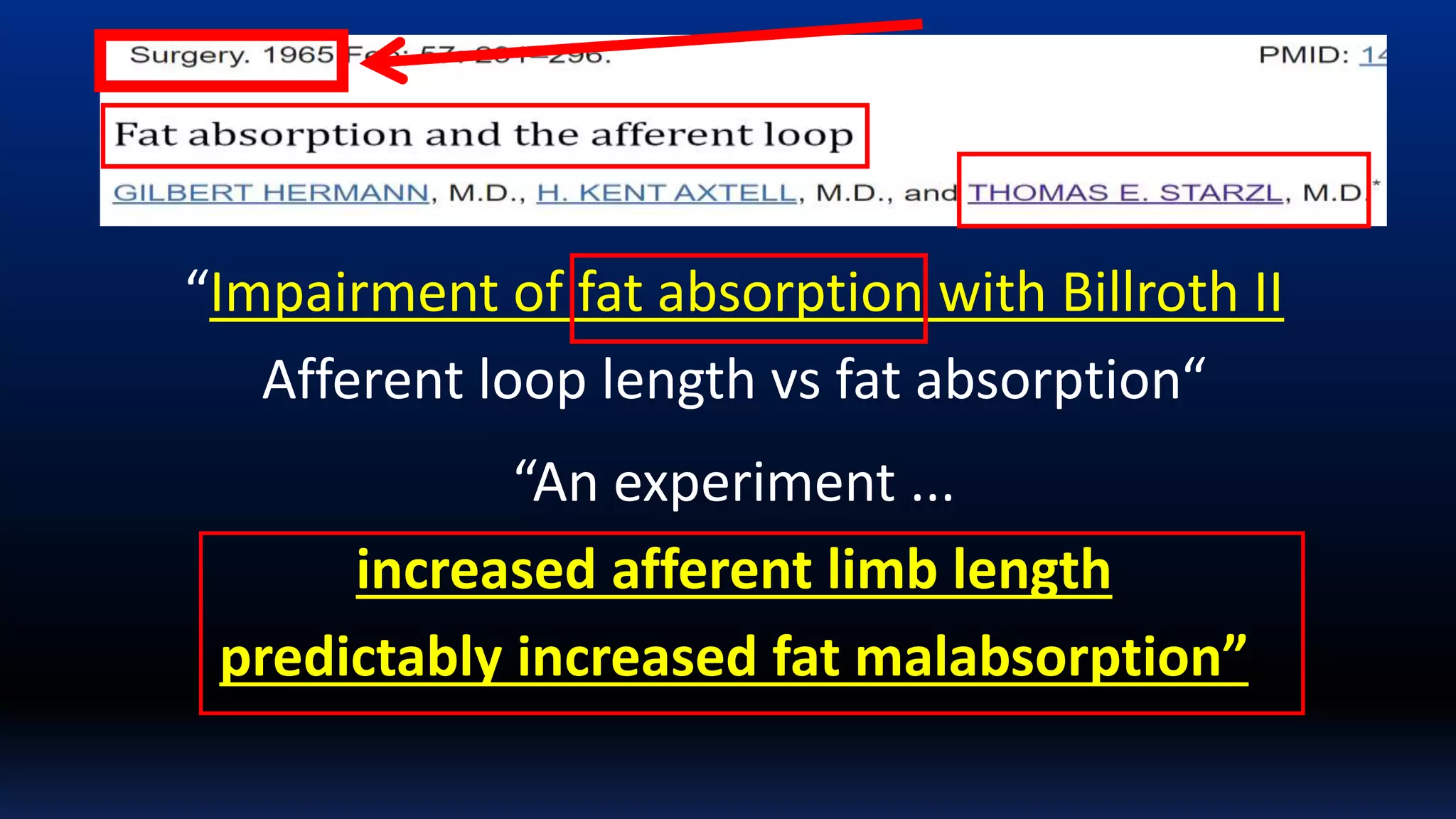 “Impairment of fat absorption with Billroth II
Afferent loop length vs fat absorption“
“An experiment ...
increased afferent limb length
predictably increased fat malabsorption”
 