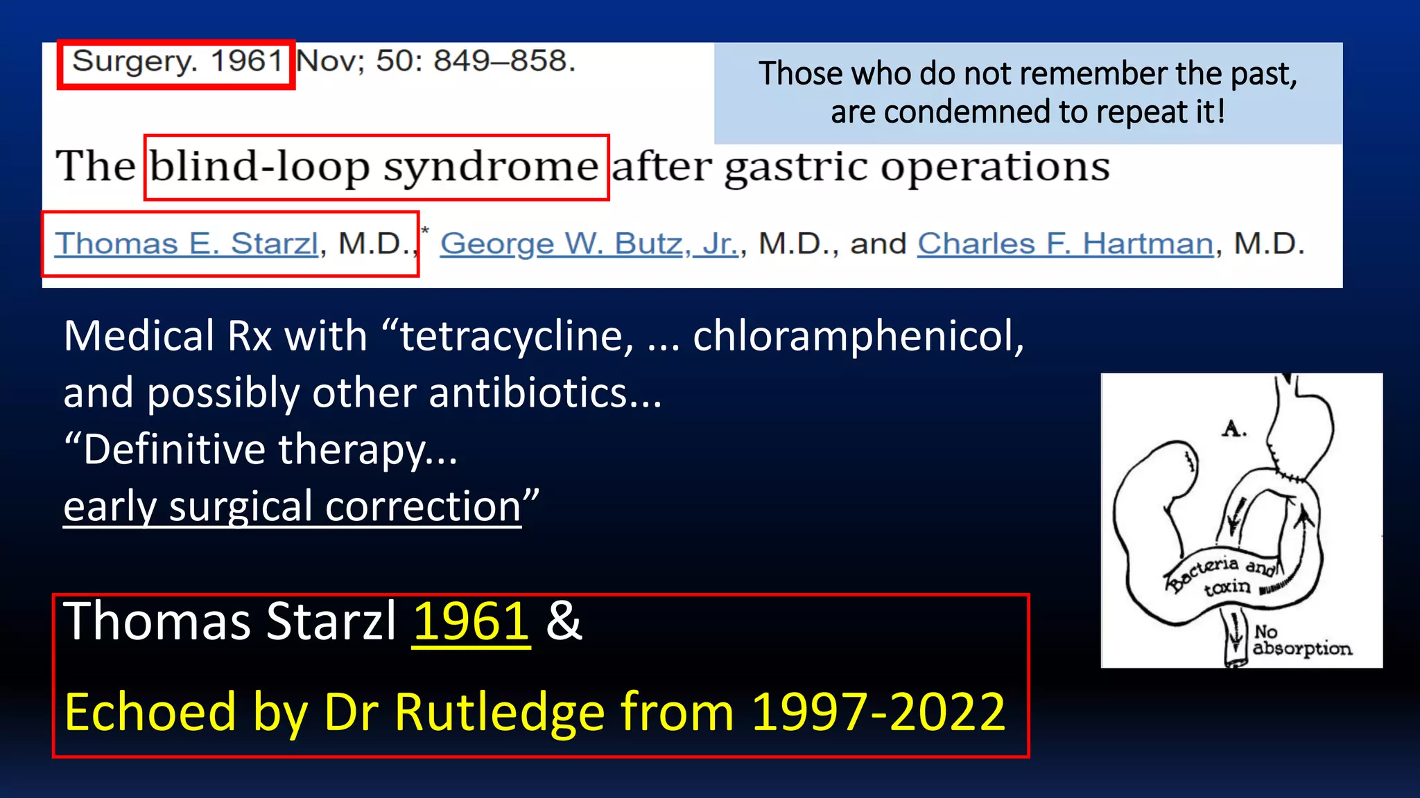 Those who do not remember the past,
are condemned to repeat it!
Medical Rx with “tetracycline, ... chloramphenicol,
and possibly other antibiotics...
“Definitive therapy...
early surgical correction”
Thomas Starzl 1961 &
Echoed by Dr Rutledge from 1997-2022
 