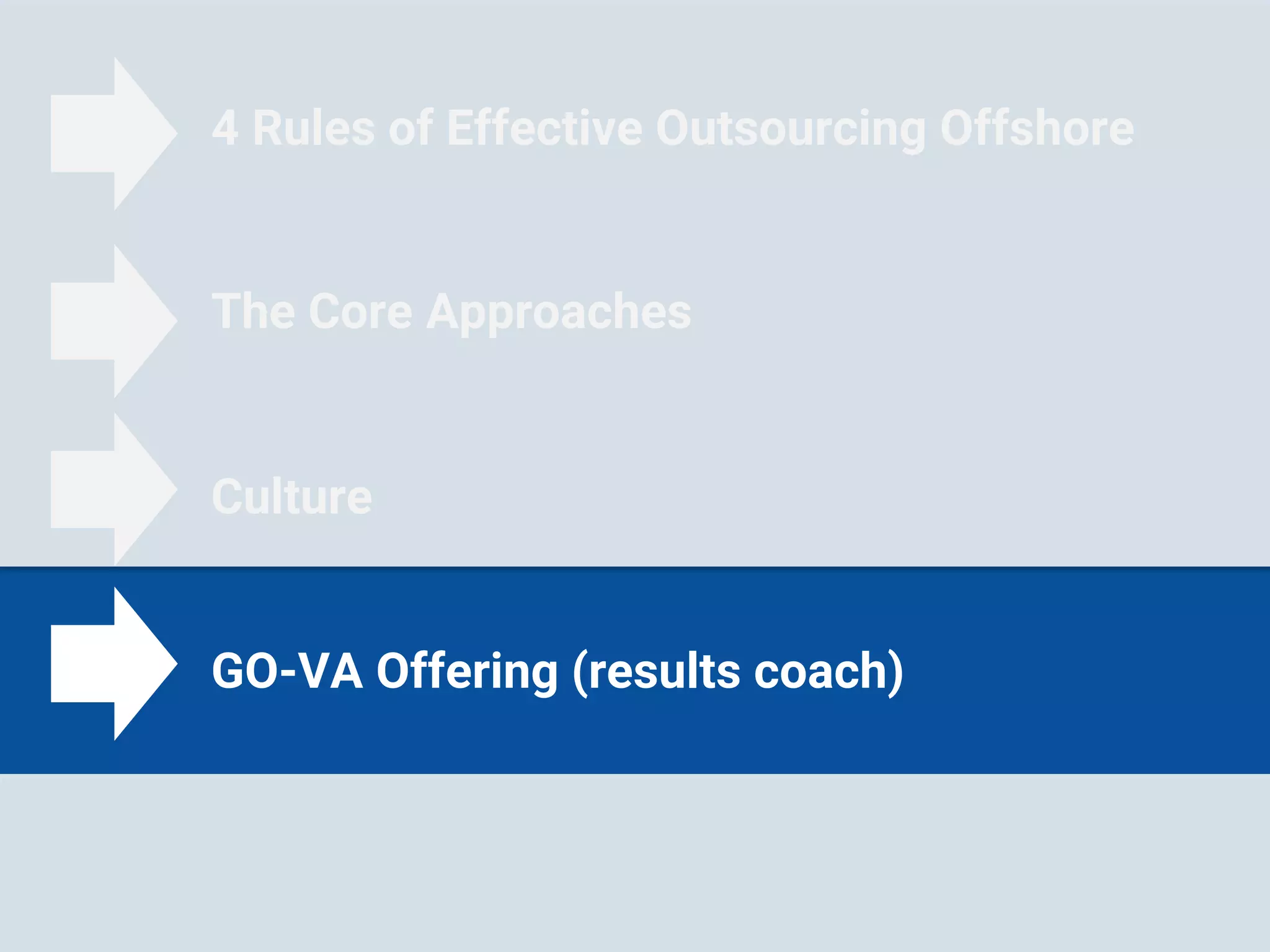 4 Rules of Effective Outsourcing Offshore
The Core Approaches
Culture
GO-VA Offering (results coach)
 