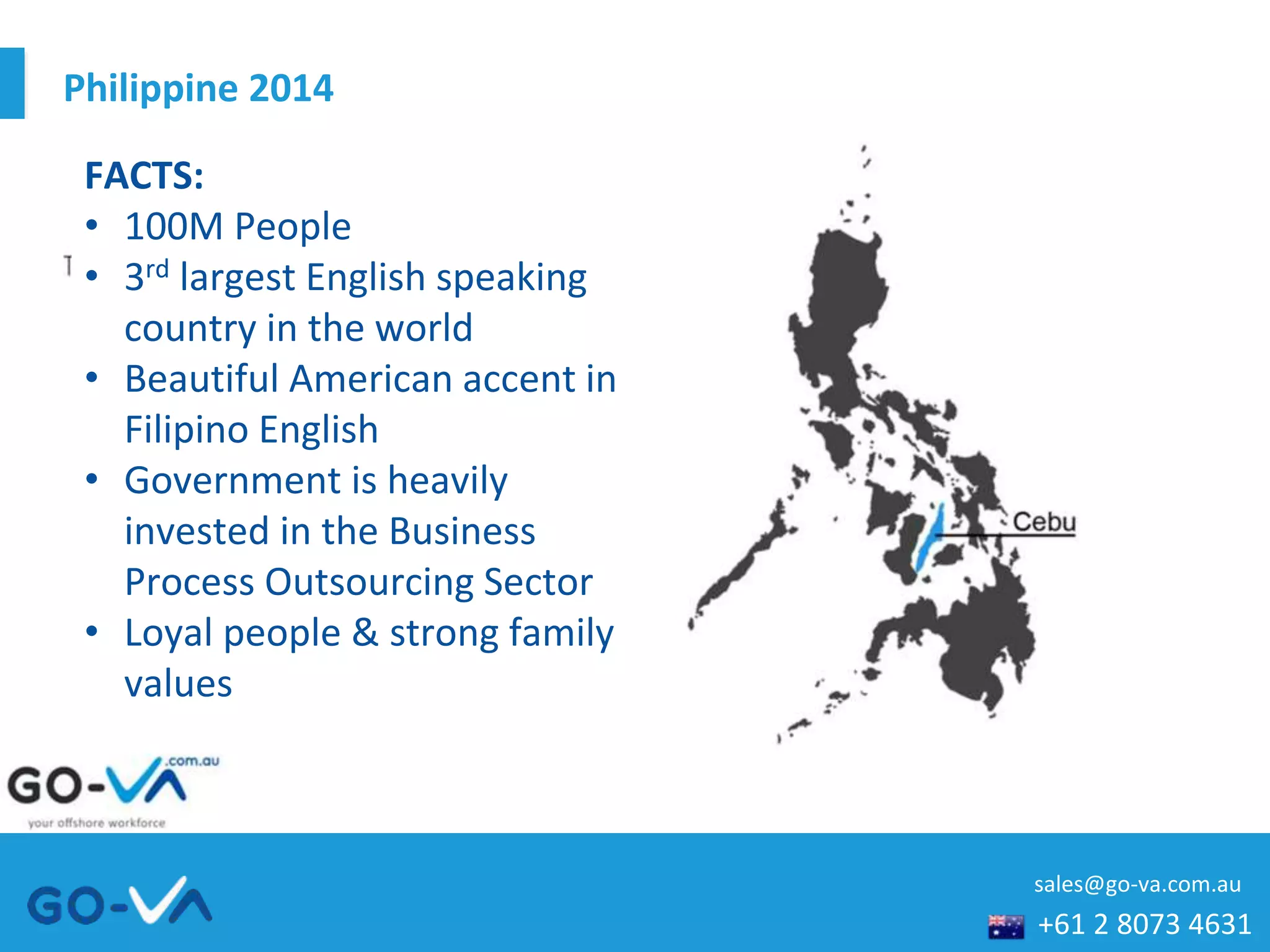 +61 2 8073 4631
sales@go-va.com.au
Philippine 2014
FACTS:
• 100M People
• 3rd largest English speaking country in the world
• Beautiful American accent in Filipino English
• Government is heavily invested in the Business Process
Outsourcing Sector
• Loyal people
• Beautiful Family Culture
FACTS:
• 100M People
• 3rd largest English speaking
country in the world
• Beautiful American accent in
Filipino English
• Government is heavily
invested in the Business
Process Outsourcing Sector
• Loyal people & strong family
values
 