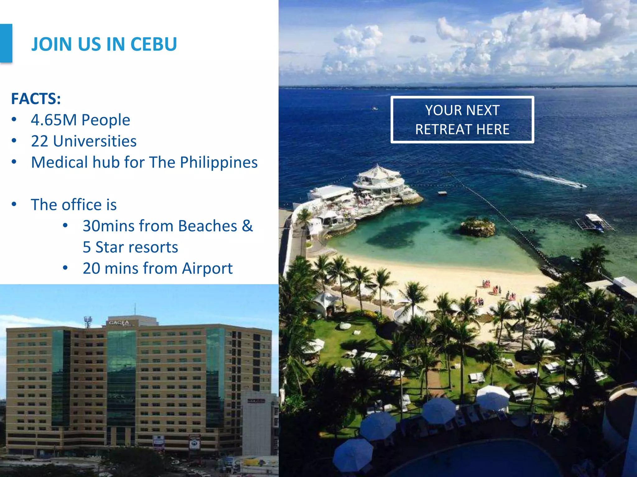 +61 2 8073 4631
sales@go-va.com.au
JOIN US IN CEBU
FACTS:
• 4.65M People
• 22 Universities
• Medical hub for The Philippines
• The office is
• 30mins from Beaches &
5 Star resorts
• 20 mins from Airport
1300 725 236 matt@go-va.com.au
YOUR NEXT
RETREAT HERE
 