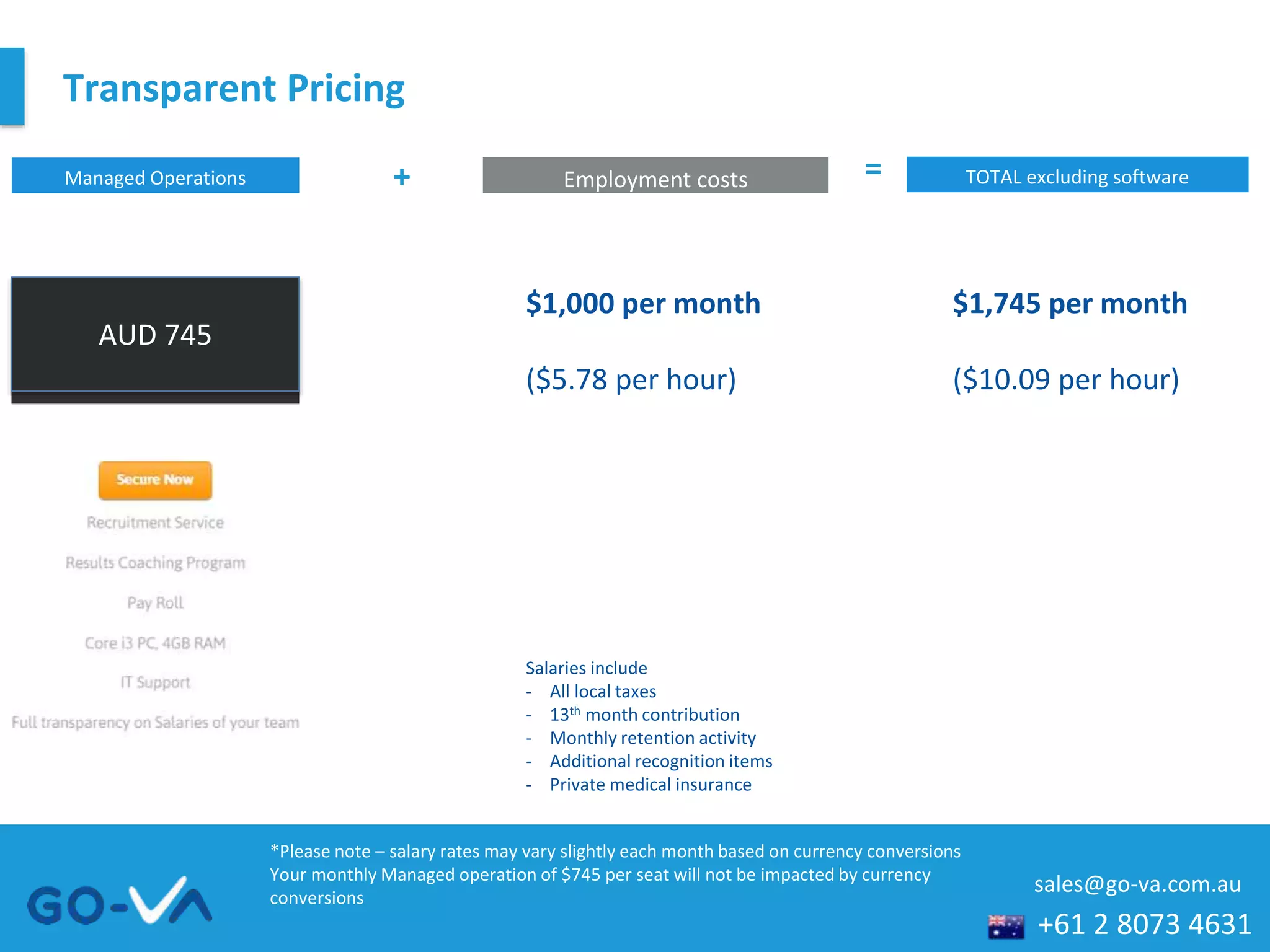 +61 2 8073 4631
sales@go-va.com.au
Transparent Pricing
*Please note – salary rates may vary slightly each month based on currency conversions
Your monthly Managed operation of $745 per seat will not be impacted by currency
conversions
Salaries include
- All local taxes
- 13th month contribution
- Monthly retention activity
- Additional recognition items
- Private medical insurance
Managed Operations Employment costs TOTAL excluding software+ =
$1,000 per month
($5.78 per hour)
$1,745 per month
($10.09 per hour)
AUD 745
 
