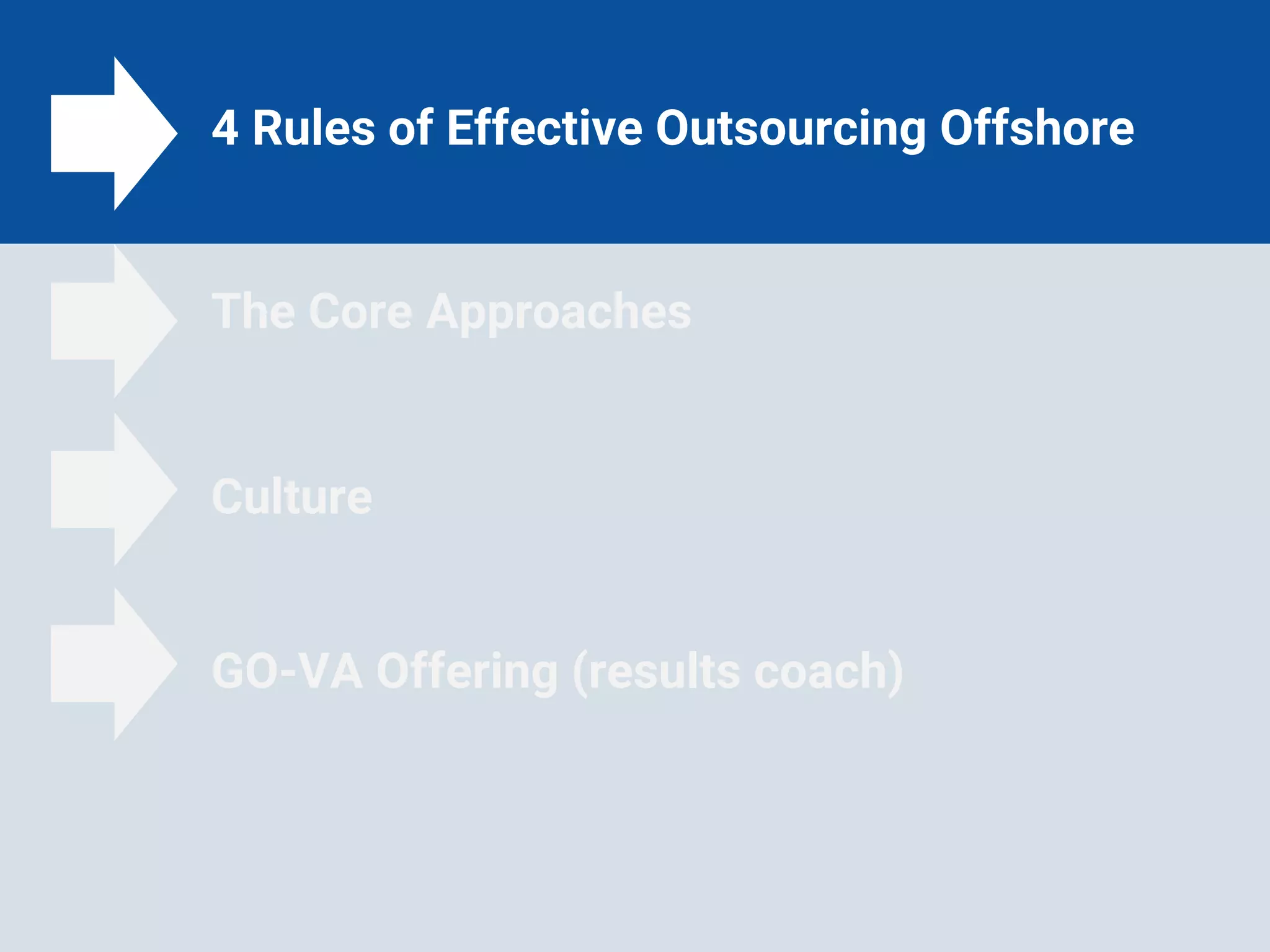 4 Rules of Effective Outsourcing Offshore
The Core Approaches
Culture
GO-VA Offering (results coach)
 