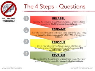 The 4 Steps - Questions
RELABEL
Identify the intrusive thoughts and urges as uncomfortable
sensations. Call them what they really are.
REFRAME
Say why these thoughts and urges keep bothering you. They
are deceptive brain messages (It’s NOT ME, it’s just my
BRAIN!).
REFOCUS
Direct your attention by focusing your attention on
something else, that is productive and wholesome; DO
ANOTHER BEHAVIOR
REVALUE
Do not take the thoughts and urges at face value. They are
simply sensations caused by deceptive brain messages.
1
2
3
4
 