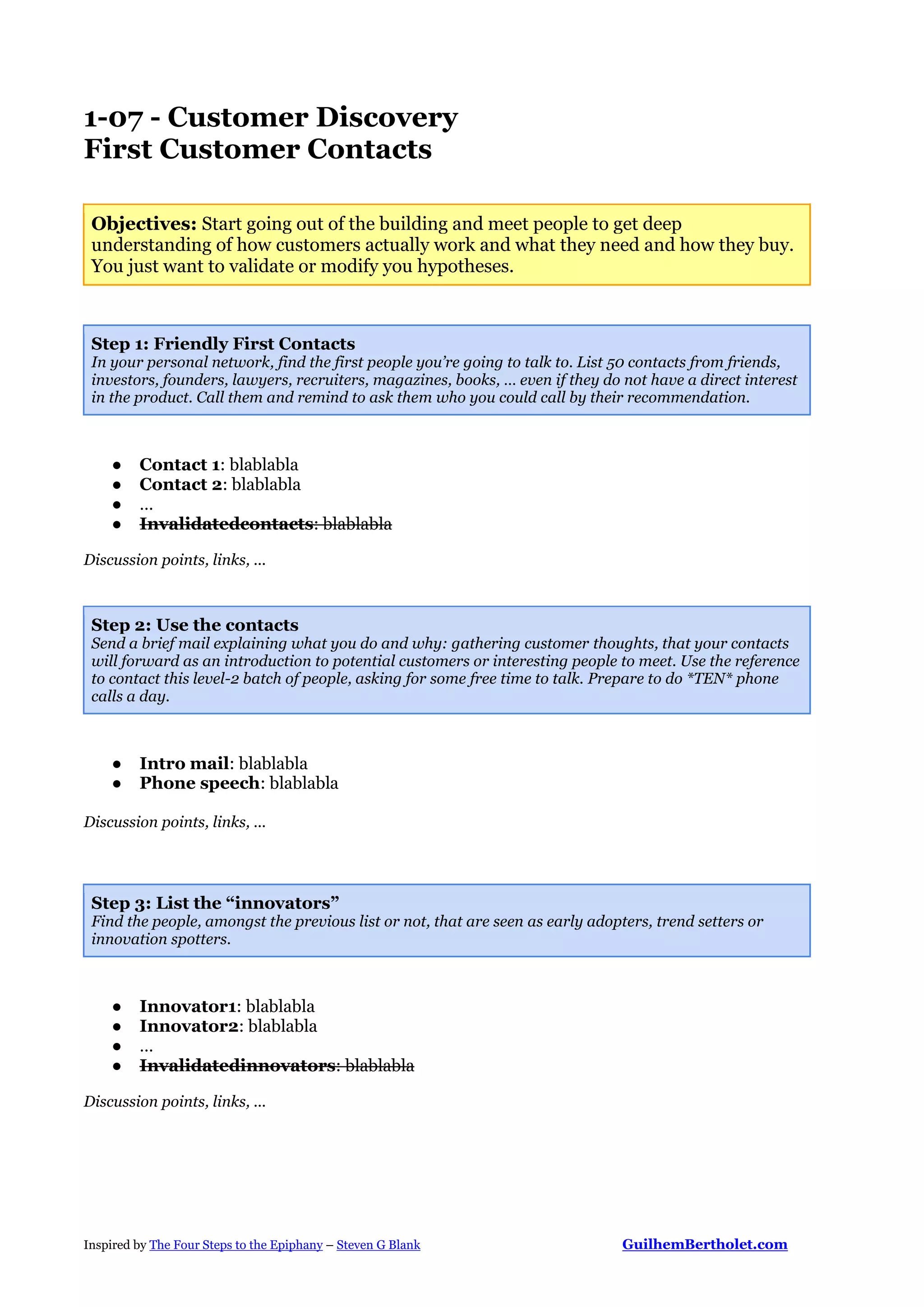 The 4 steps to the epiphany - Customer Discovery template - guilhem ...