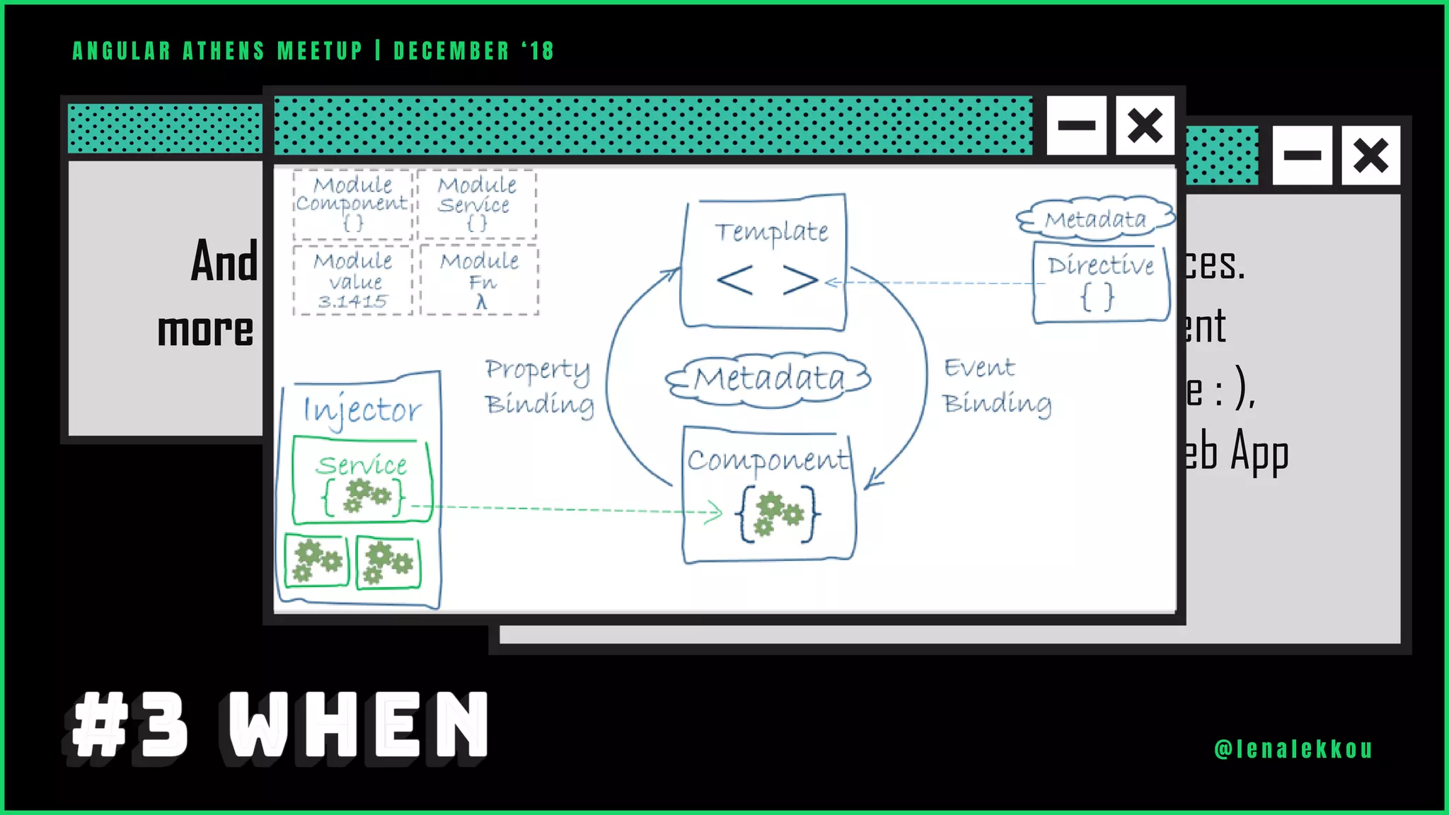 And one
more thing!
Now it’s the right time to add some spices.
Get your hands dirty with this Component
Architecture (thanks Fanis for the name : ),
Design Patterns and more advanced Web App
Architecture Development.
A N G U L A R A T H E N S M E E T U P | D E C E M B E R ‘ 1 8
@ l e n a l e k k o u
 