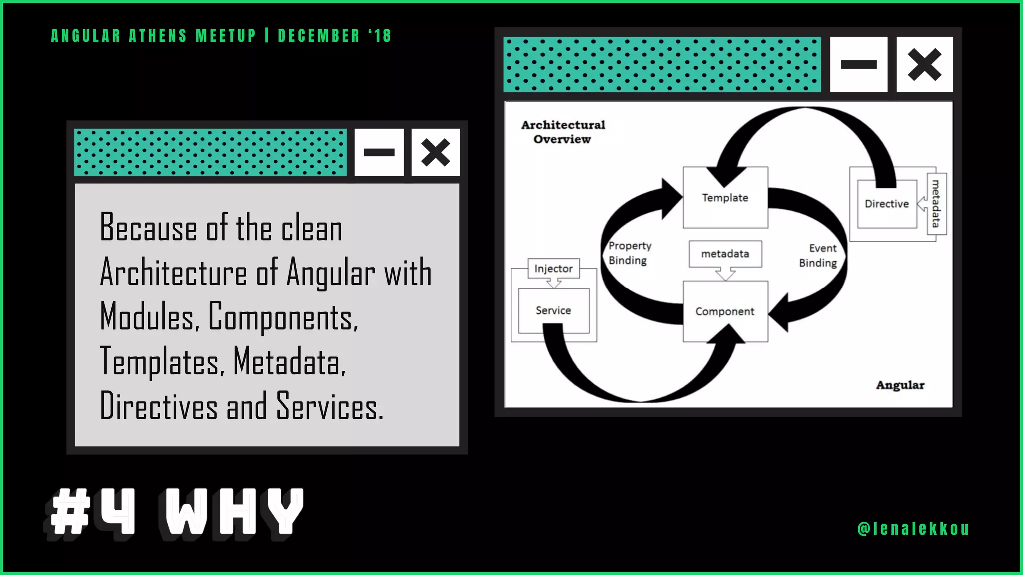 A N G U L A R A T H E N S M E E T U P | D E C E M B E R ‘ 1 8
@ l e n a l e k k o u
Because of the clean
Architecture of Angular with
Modules, Components,
Templates, Metadata,
Directives and Services.
 