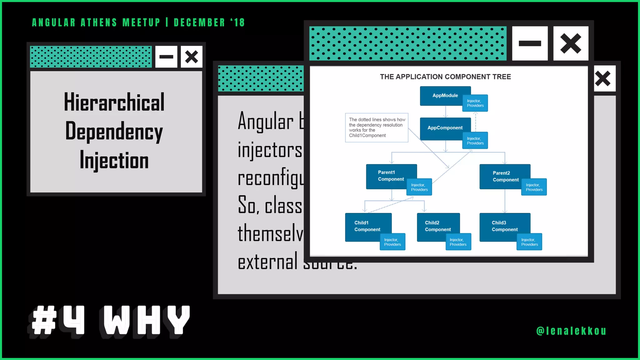 Angular builds a separate tree of dependency
injectors that can be altered without
reconfiguring the components.
So, classes don’t have dependencies in
themselves but consume them from the
external source.
A N G U L A R A T H E N S M E E T U P | D E C E M B E R ‘ 1 8
@ l e n a l e k k o u
Hierarchical
Dependency
Injection
 