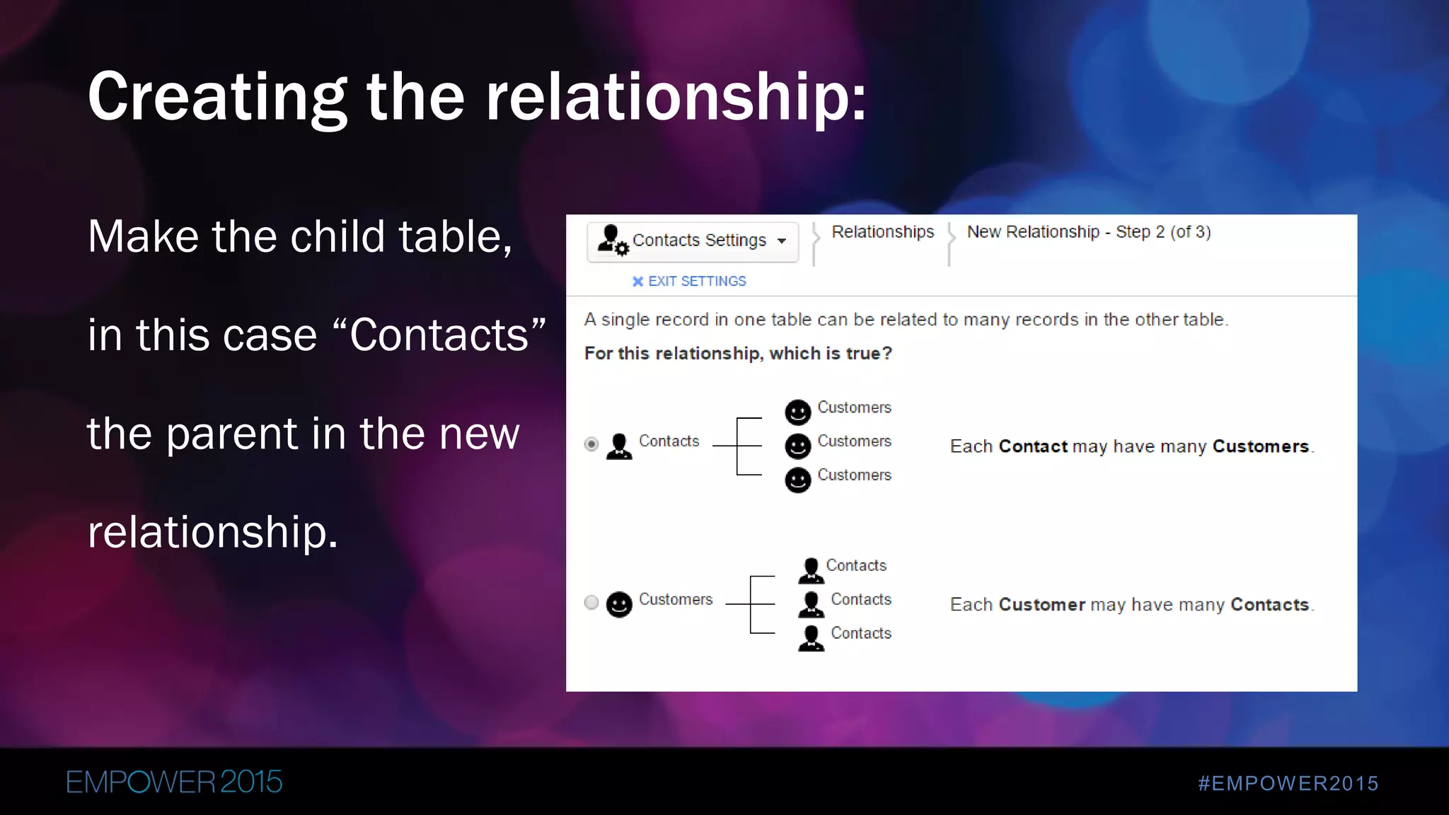#EMPOWER2015
Make the child table,
in this case “Contacts”
the parent in the new
relationship.
Creating the relationship:
 