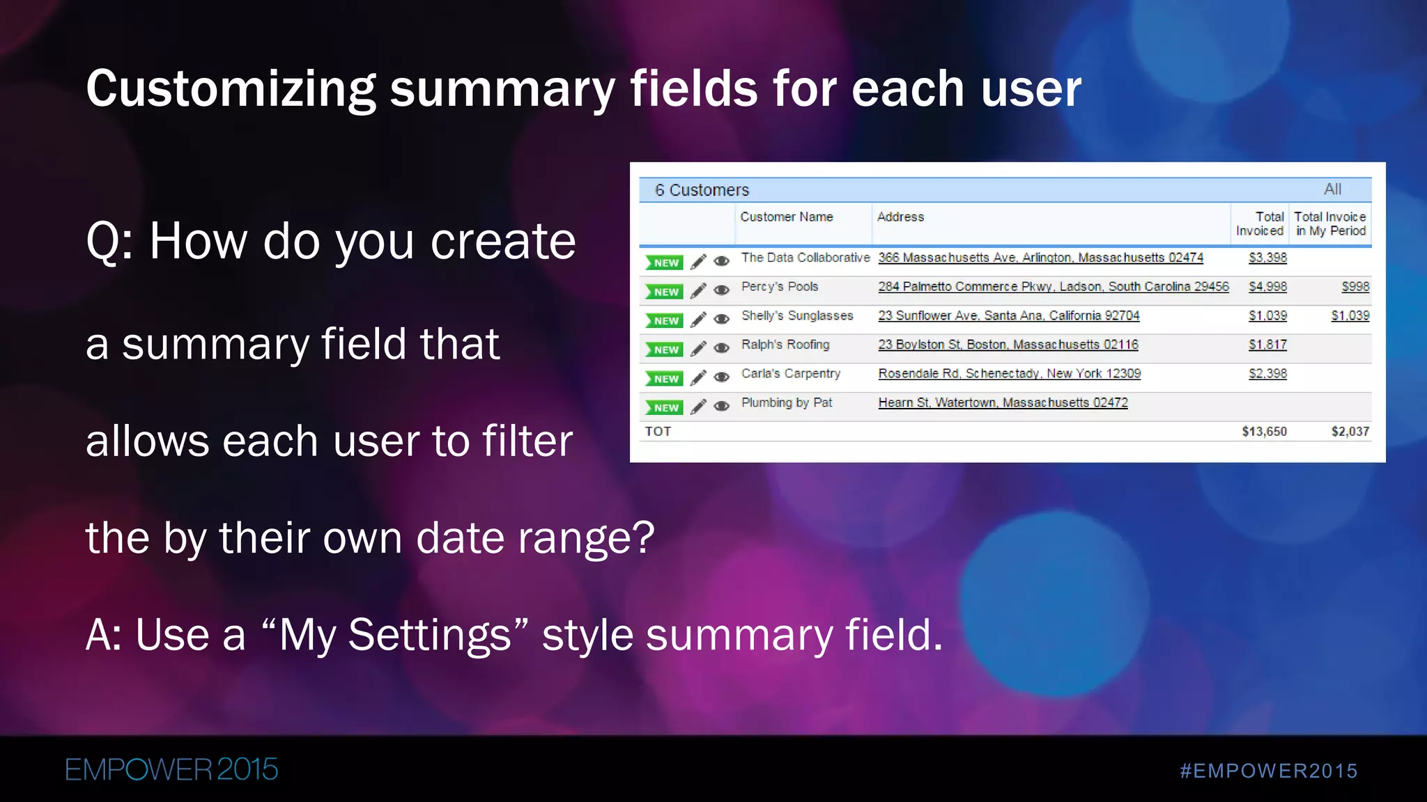 #EMPOWER2015
Q: How do you create
a summary field that
allows each user to filter
the by their own date range?
A: Use a “My Settings” style summary field.
Customizing summary fields for each user
 