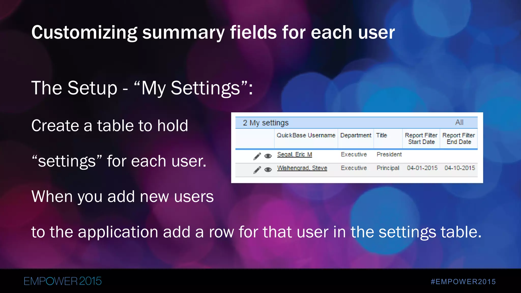 #EMPOWER2015
The Setup - “My Settings”:
Create a table to hold
“settings” for each user.
When you add new users
to the application add a row for that user in the settings table.
Customizing summary fields for each user
 