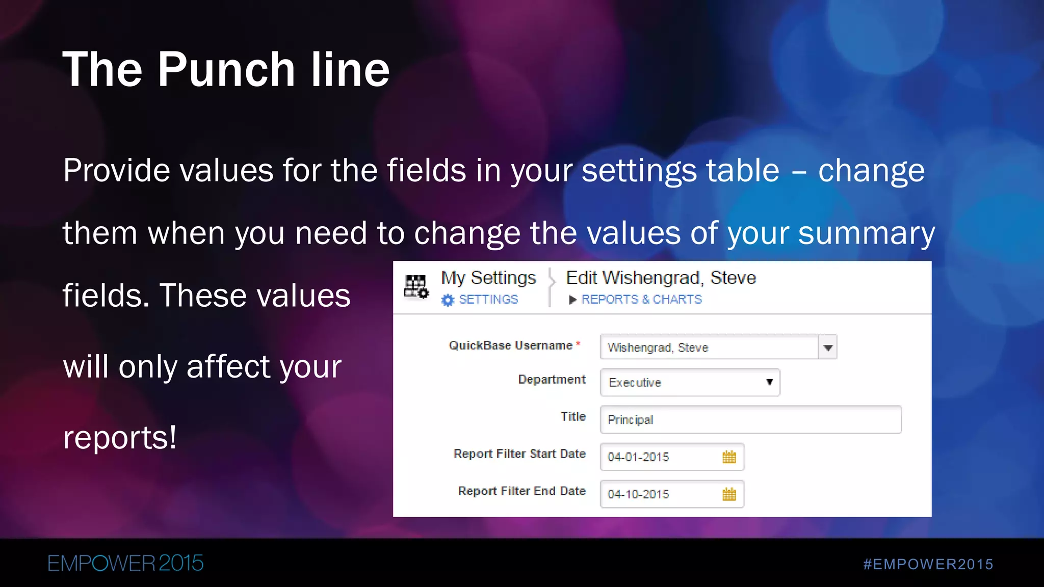 #EMPOWER2015
Provide values for the fields in your settings table – change
them when you need to change the values of your summary
fields. These values
will only affect your
reports!
The Punch line
 
