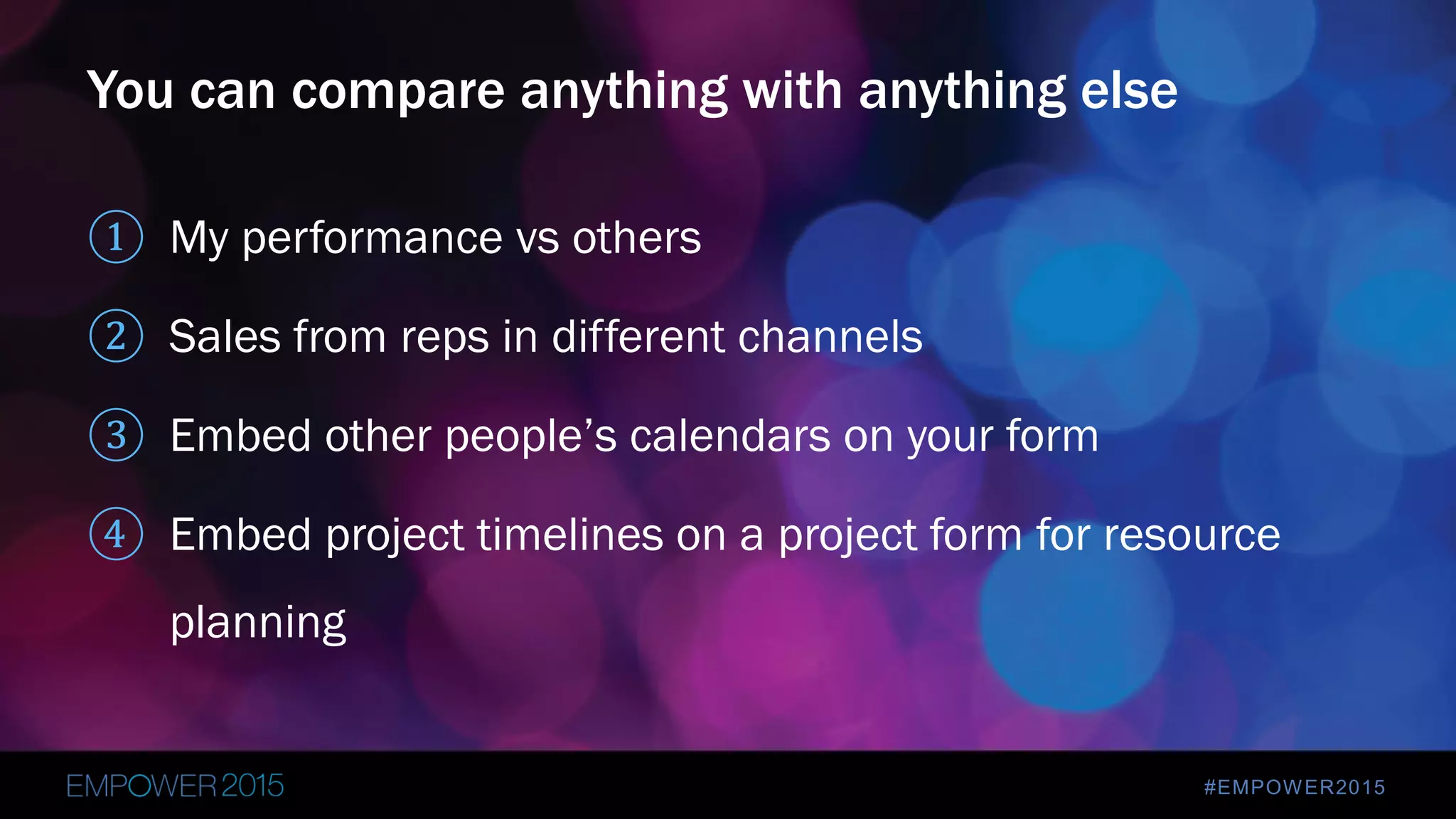 #EMPOWER2015
① My performance vs others
② Sales from reps in different channels
③ Embed other people’s calendars on your form
④ Embed project timelines on a project form for resource
planning
You can compare anything with anything else
 