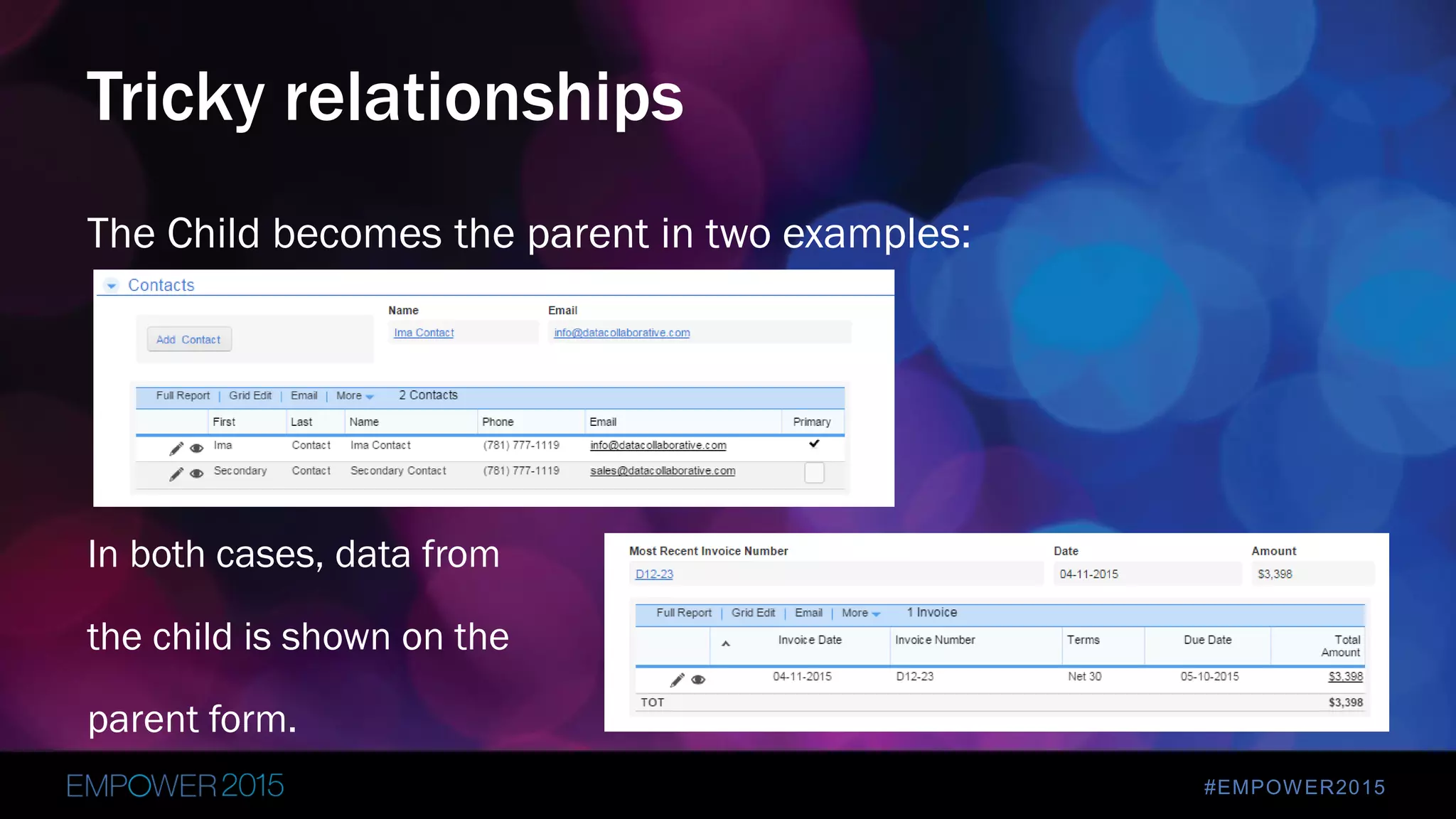#EMPOWER2015
The Child becomes the parent in two examples:
In both cases, data from
the child is shown on the
parent form.
Tricky relationships
 