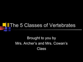 The 5 Classes of Vertebrates
Brought to you by
Mrs. Archer’s and Mrs. Cowan’s
Class
 