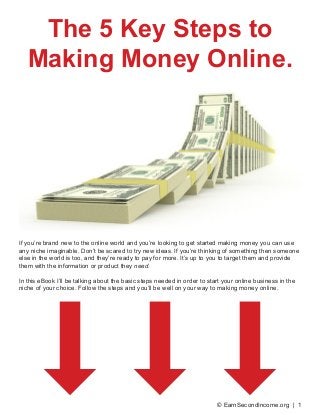 © EarnSecondIncome.org | 1
The 5 Key Steps to
Making Money Online.
If you’re brand new to the online world and you’re looking to get started making money you can use
any niche imaginable. Don’t be scared to try new ideas. If you’re thinking of something then someone
else in the world is too, and they’re ready to pay for more. It’s up to you to target them and provide
them with the information or product they need.
In this eBook I’ll be talking about the basic steps needed in order to start your online business in the
niche of your choice. Follow the steps and you’ll be well on your way to making money online.
 