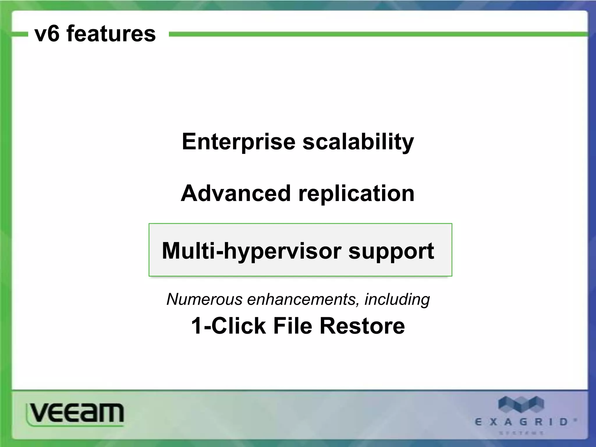 v6 features



               Enterprise scalability

               Advanced replication

              Multi-hypervisor support
              Numerous enhancements, including
                1-Click File Restore
 