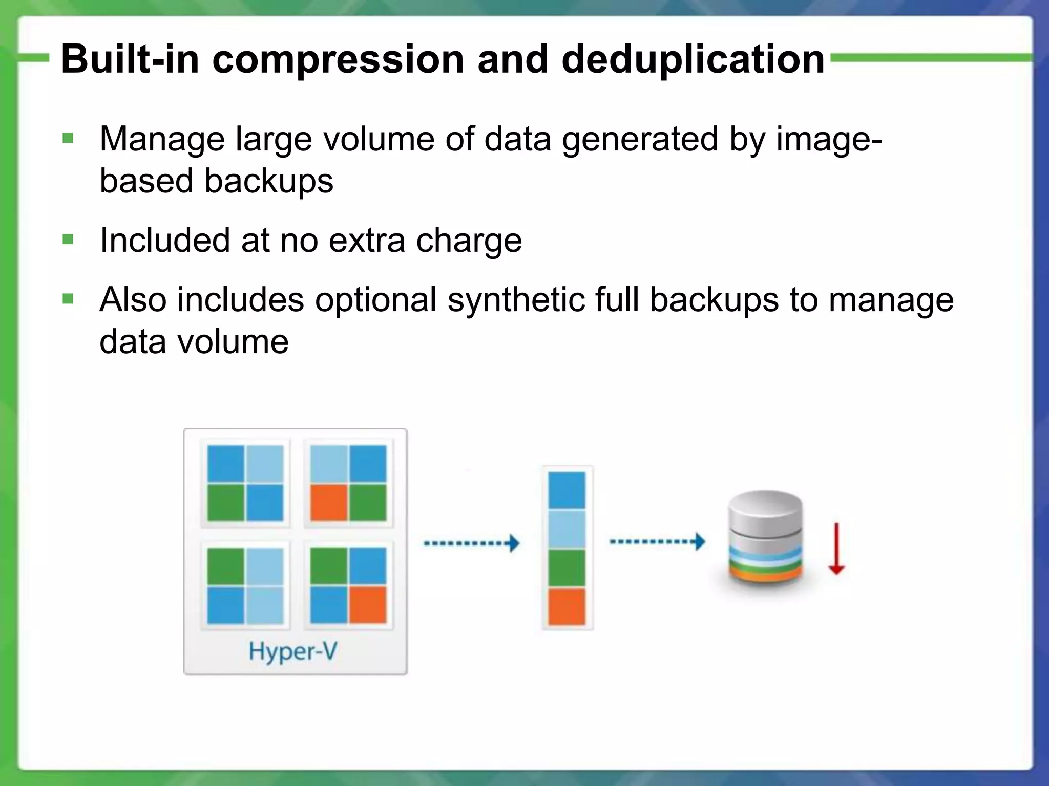 Built-in compression and deduplication
 Manage large volume of data generated by image-
  based backups
 Included at no extra charge
 Also includes optional synthetic full backups to manage
  data volume
 