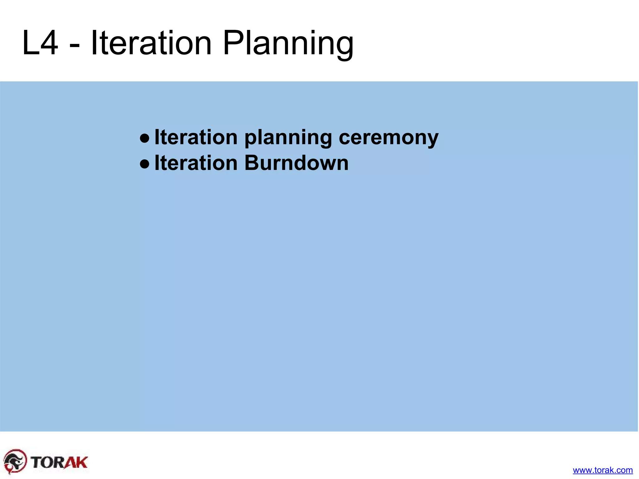 L4 - Iteration Planning
●Iteration planning ceremony
●Iteration Burndown
www.torak.com
 
