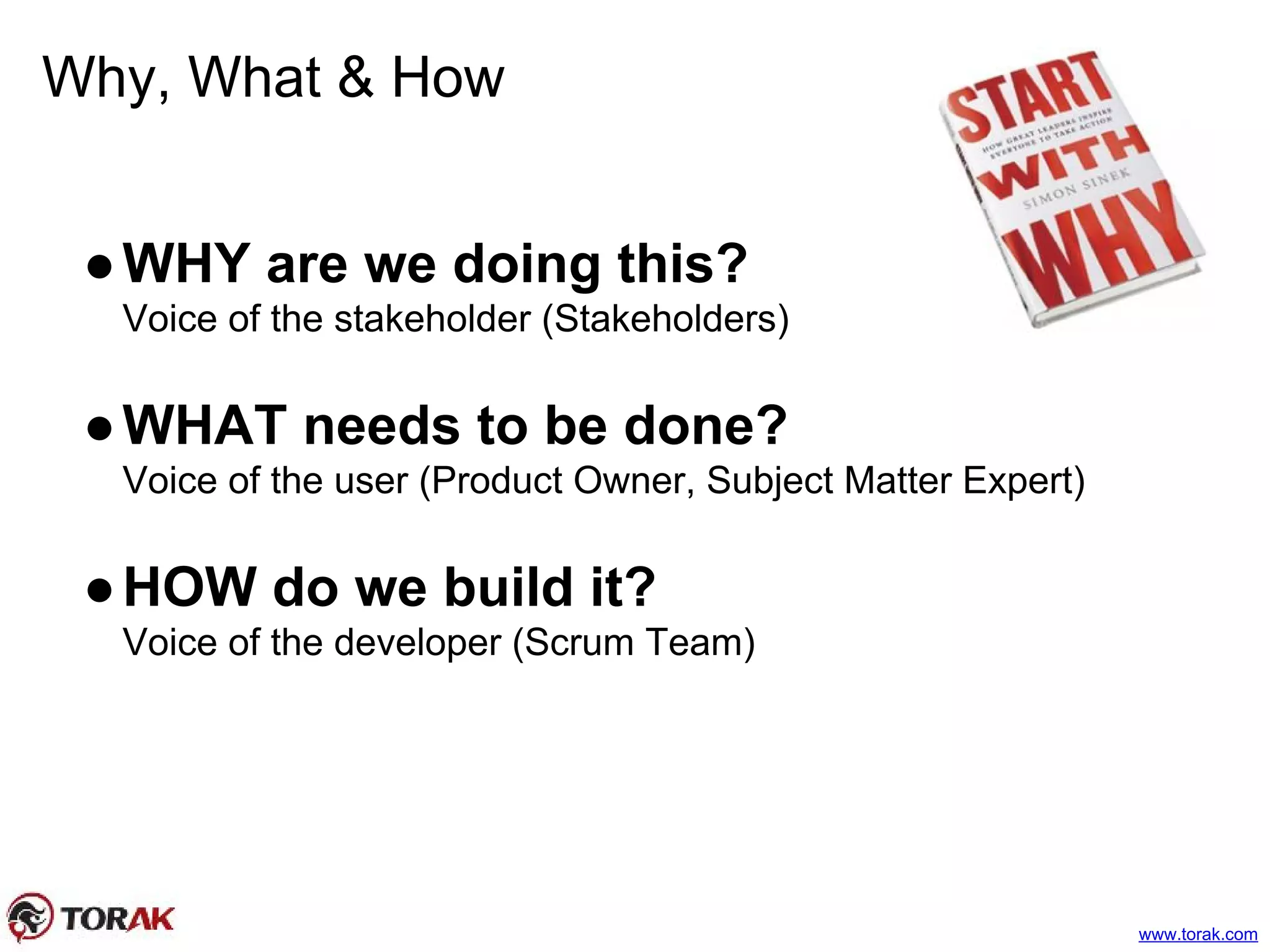 Why, What & How
●WHY are we doing this?
Voice of the stakeholder (Stakeholders)
●WHAT needs to be done?
Voice of the user (Product Owner, Subject Matter Expert)
●HOW do we build it?
Voice of the developer (Scrum Team)
www.torak.com
 