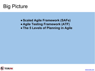 Big Picture
●Scaled Agile Framework (SAFe)
●Agile Testing Framework (ATF)
●The 5 Levels of Planning in Agile
www.torak.com
 