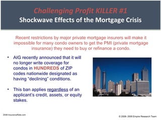 Challenging Profit KILLER #1 Shockwave Effects of the Mortgage Crisis 2008 InsuranceRate.com AIG recently announced that it will no longer write coverage for condos in  HUNDREDS  of ZIP codes nationwide designated as having “declining” conditions. This ban applies  regardless  of an applicant’s credit, assets, or equity stakes. Recent restrictions by major private mortgage insurers will make it impossible for many condo owners to get the PMI (private mortgage insurance) they need to buy or refinance a condo. © 2008- 2009 Empire Research Team 