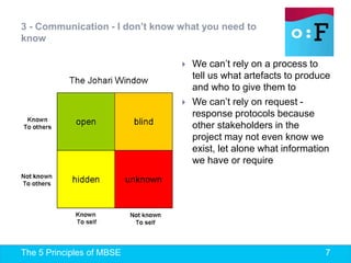 The 5 Principles of MBSE 7
3 - Communication - I don’t know what you need to
know
 We can’t rely on a process to
tell us what artefacts to produce
and who to give them to
 We can’t rely on request -
response protocols because
other stakeholders in the
project may not even know we
exist, let alone what information
we have or require
 