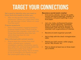 Target your connections
Set a goal to identify who you need to
know and who needs to know you
• Who are the decision makers and key
influencers? Where can I meet them? How
do I get into their circles? What is it I want
from the event?
Prepare questions
• Have a few targeted, engaging questions
prepared ahead of time (These could be
focused on their interests, career path, the
things they like/dislike about their job,
advice they may have for new
professionals.)
Stay informed with current events
• Read at least four articles from local
topics, national news, company
newsletters, weather information, sports,
best sellers list, and food blogs before the
event to have some “back pocket”
conversation topics handy. Pick 3-5 items
to use as emergency re-starters in case
the conversation starts to drag.
Become a social event crasher
• Find events calendar, listings for public
forums and board meetings, chamber of
commerce, and grand openings in your
local paper.
• Join civic clubs, professional business
groups, alumni networks, committee,
serve on nonprofit boards, become an
ambassador with the local chamber, or
volunteer with organizations of interest.
• Become an event organizer yourself.
• Ask to help with the check-in/registration
table.
• Attend your kid’s events: Little League,
soccer, Boy Scouts, etc.
• Plan to attend at least two or three meet-
ups a month.
 