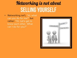 Networking is not about
selling yourself
• Networking isn't, "Hi, what
can you do for me?" but
rather: "Hi. Let's get to
know each other. What
can I do for you?"
 