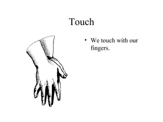 Touch
   • We touch with our
     fingers.
 