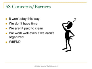 5S Concerns/Barriers

 It won’t stay this way!
 We don’t have time
 We aren’t paid to clean
 We work well even if we aren’t
 organized
 WIIFM?




                  All Rights Reserved The 5S Store, LLC
 