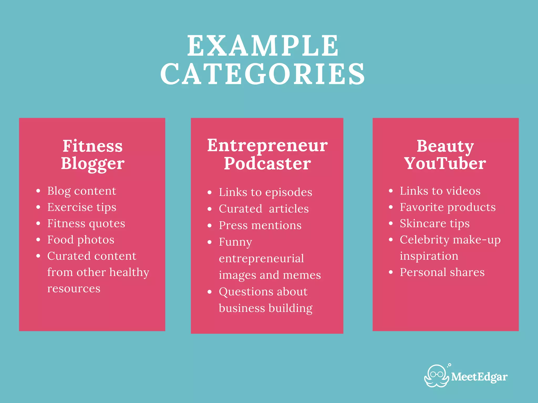 EXAMPLE
CATEGORIES
Fitness
Blogger
Blog content
Exercise tips
Fitness quotes
Food photos
Curated content
from other healthy
resources
Entrepreneur
Podcaster
Links to episodes
Curated articles
Press mentions
Funny
entrepreneurial
images and memes
Questions about
business building
Beauty
YouTuber
Links to videos
Favorite products
Skincare tips
Celebrity make-up
inspiration
Personal shares
 