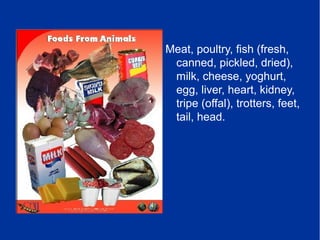 Meat, poultry, fish (fresh,
canned, pickled, dried),
milk, cheese, yoghurt,
egg, liver, heart, kidney,
tripe (offal), trot...