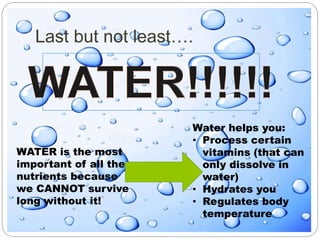 Last but not least….
WATER is the most
important of all the
nutrients because
we CANNOT survive
long without it!
Water helps you:
• Process certain
vitamins (that can
only dissolve in
water)
• Hydrates you
• Regulates body
temperature
 