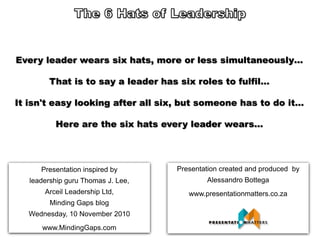 Every leader wears six hats, more or less simultaneously…

        That is to say a leader has six roles to fulfil…

It isn't easy looking after all six, but someone has to do it…

          Here are the six hats every leader wears…




      Presentation inspired by      Presentation created and produced by
   leadership guru Thomas J. Lee,           Alessandro Bottega
       Arceil Leadership Ltd,          www.presentationmatters.co.za
         Minding Gaps blog
  Wednesday, 10 November 2010
      www.MindingGaps.com
 