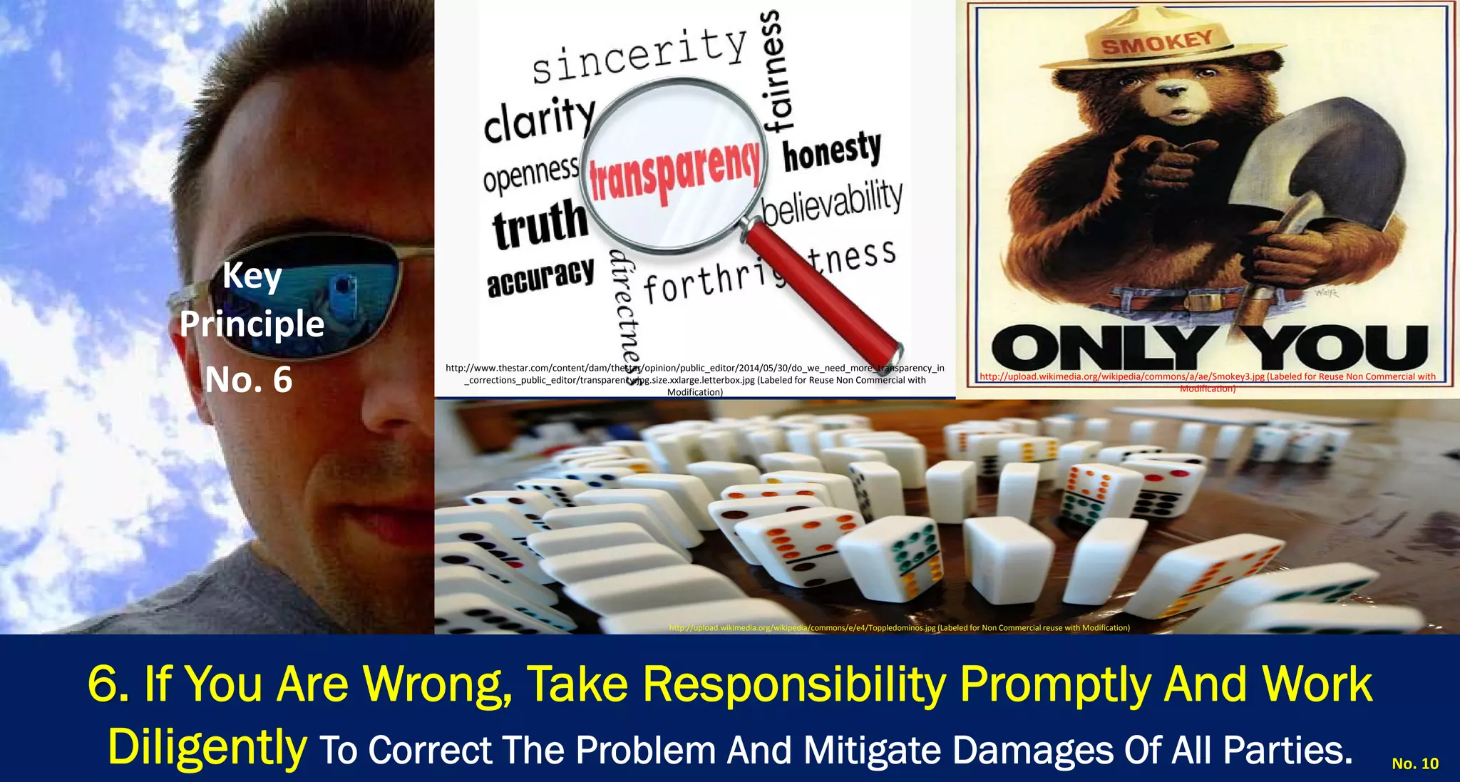 6. If You Are Wrong, Take Responsibility Promptly And Work Diligently To Correct The Problem And Mitigate Damages Of All Parties. 
No. 10 
Key Principle 
No. 6 
http://www.thestar.com/content/dam/thestar/opinion/public_editor/2014/05/30/do_we_need_more_transparency_in_corrections_public_editor/transparency.jpg.size.xxlarge.letterbox.jpg (Labeled for Reuse Non Commercial with Modification) 
http://upload.wikimedia.org/wikipedia/commons/a/ae/Smokey3.jpg (Labeled for Reuse Non Commercial with Modification) 
http://upload.wikimedia.org/wikipedia/commons/e/e4/Toppledominos.jpg (Labeled for Non Commercial reuse with Modification)  