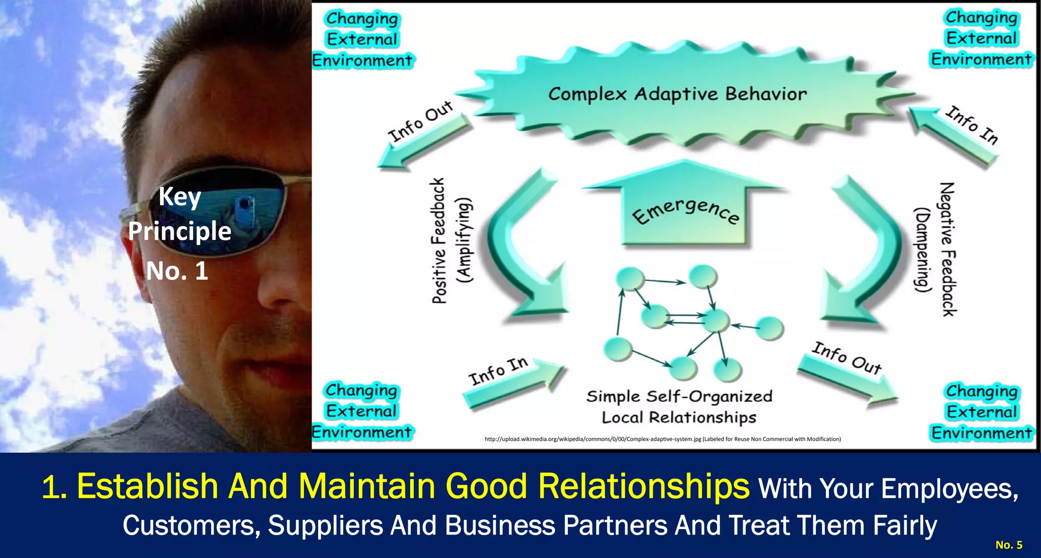 No. 5 
1. Establish And Maintain Good RelationshipsWith Your Employees, Customers, Suppliers And Business Partners And Treat Them Fairly 
http://upload.wikimedia.org/wikipedia/commons/8/81/Morris‐Chair‐Ironwood.jpg (Labeled for Non Commercial Reuse with Modification) 
Key Principle 
No. 1 
http://upload.wikimedia.org/wikipedia/commons/0/00/Complex‐adaptive‐system.jpg (Labeled for Reuse Non Commercial with Modification)  