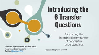 Introducing the
6 Transfer
Questions
Supporting the
interdisciplinary transfer
of conceptual
understandings
Concept by Adrian von Wrede-Jervis
repurposedlearning.com
Twitter @AdrianvWJ
Updated September 2020
 