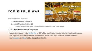 Y O M K I P P U R W A R
The Yom Kippur War 1973
1. began Saturday, October 6
2. ended Thursday, October 25
1. Result: Israeli tactical victory · Location: Banks of the Suez Canal, Golan Heights
• 1973 Yom Kippur War: Background
• Israel’s stunning victory in the Six-Day War of 1967 left the Jewish nation in control of territory four times its previous
size. Egypt lost the 23,500-square-mile Sinai Peninsula and the Gaza Strip, Jordan lost the West Bank and
East Jerusalem, and Syria lost the strategic Golan Heights.
 