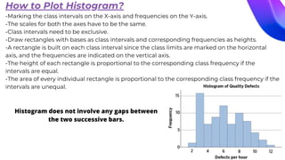 How to Plot Histogram?
-Marking the class intervals on the X-axis and frequencies on the Y-axis.
-The scales for both the axes have to be the same.
-Class intervals need to be exclusive.
-Draw rectangles with bases as class intervals and corresponding frequencies as heights.
-A rectangle is built on each class interval since the class limits are marked on the horizontal
axis, and the frequencies are indicated on the vertical axis.
-The height of each rectangle is proportional to the corresponding class frequency if the
intervals are equal.
-The area of every individual rectangle is proportional to the corresponding class frequency if the
intervals are unequal.
Histogram does not involve any gaps between
the two successive bars.
 