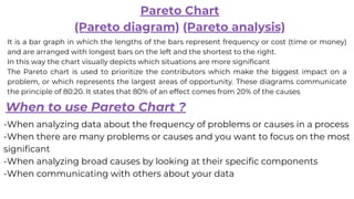 Pareto Chart
(Pareto diagram) (Pareto analysis)
It is a bar graph in which the lengths of the bars represent frequency or cost (time or money)
and are arranged with longest bars on the left and the shortest to the right.
In this way the chart visually depicts which situations are more significant
The Pareto chart is used to prioritize the contributors which make the biggest impact on a
problem, or which represents the largest areas of opportunity. These diagrams communicate
the principle of 80:20. It states that 80% of an effect comes from 20% of the causes
When to use Pareto Chart ?
-When analyzing data about the frequency of problems or causes in a process
-When there are many problems or causes and you want to focus on the most
significant
-When analyzing broad causes by looking at their specific components
-When communicating with others about your data
 