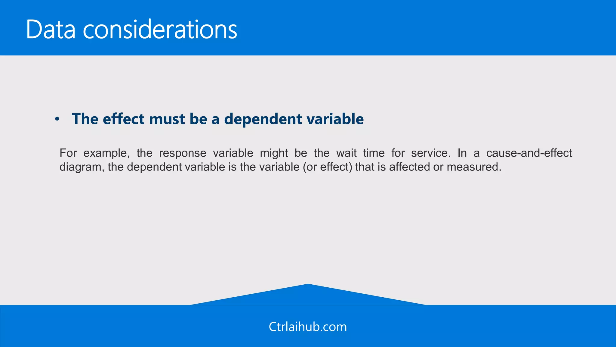 Ctrlaihub.com
Data considerations
• The effect must be a dependent variable
For example, the response variable might be the wait time for service. In a cause-and-effect
diagram, the dependent variable is the variable (or effect) that is affected or measured.
 