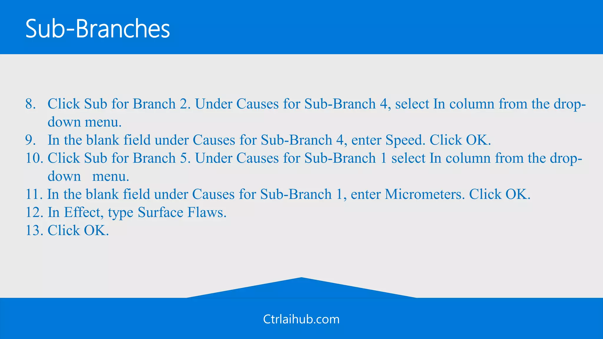 Ctrlaihub.com
Sub-Branches
8. Click Sub for Branch 2. Under Causes for Sub-Branch 4, select In column from the drop-
down menu.
9. In the blank field under Causes for Sub-Branch 4, enter Speed. Click OK.
10. Click Sub for Branch 5. Under Causes for Sub-Branch 1 select In column from the drop-
down menu.
11. In the blank field under Causes for Sub-Branch 1, enter Micrometers. Click OK.
12. In Effect, type Surface Flaws.
13. Click OK.
 