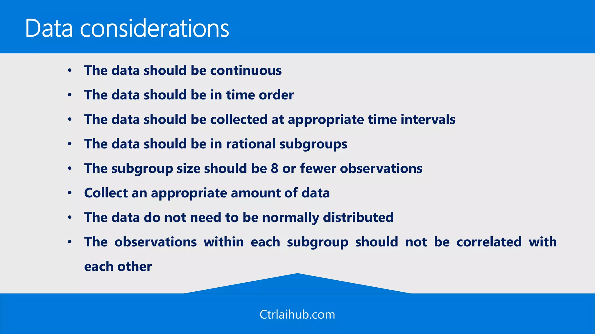 Ctrlaihub.com
Data considerations
• The data should be continuous
• The data should be in time order
• The data should be collected at appropriate time intervals
• The data should be in rational subgroups
• The subgroup size should be 8 or fewer observations
• Collect an appropriate amount of data
• The data do not need to be normally distributed
• The observations within each subgroup should not be correlated with
each other
 