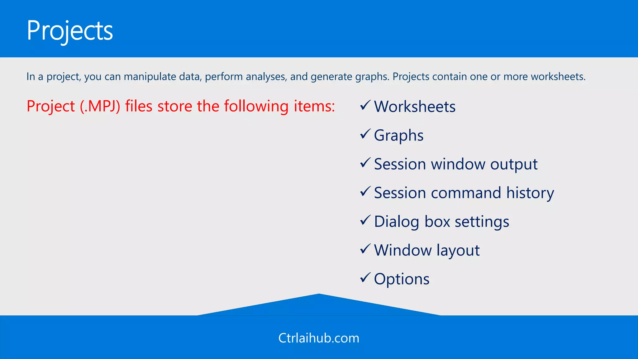 Ctrlaihub.com
Projects
Project (.MPJ) files store the following items:
In a project, you can manipulate data, perform analyses, and generate graphs. Projects contain one or more worksheets.
 Worksheets
 Graphs
 Session window output
 Session command history
 Dialog box settings
 Window layout
 Options
 