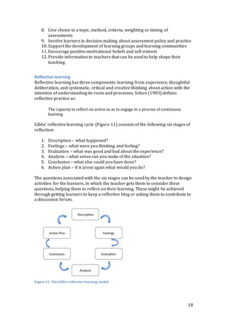 18 
8. Give choice in a topic, method, criteria, weighting or timing of 
assessments 
9. Involve learners in decision making about assessment policy and practice 
10. Support the development of learning groups and learning communities 
11. Encourage positive motivational beliefs and self-esteem 
12. Provide information to teachers that can be used to help shape their 
teaching. 
Reflective learning 
Reflective learning has three components: learning from experience, thoughtful 
deliberation, and systematic, critical and creative thinking about action with the 
intention of understanding its roots and processes. Schon (1983) defines 
reflective practice as: 
The capacity to reflect on action so as to engage in a process of continuous 
learning 
Gibbs’ reflective learning cycle (Figure 11) consists of the following six stages of 
reflection: 
1. Description – what happened? 
2. Feelings – what were you thinking and feeling? 
3. Evaluation – what was good and bad about the experience? 
4. Analysis – what sense can you make of the situation? 
5. Conclusion – what else could you have done? 
6. Action plan – if it arose again what would you do? 
The questions associated with the six stages can be used by the teacher to design 
activities for the learners, in which the teacher gets them to consider these 
questions, helping them to reflect on their learning. These might be achieved 
through getting learners to keep a reflective blog or asking them to contribute to 
a discussion forum. 
Figure 11: The Gibb's reflective learning model 
 