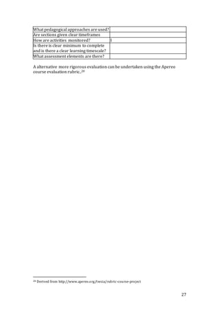 27 
What pedagogical approaches are used? 
Are sections given clear timeframes 
How are activities monitored? I 
Is there is clear minimum to complete 
and is there a clear learning timescale? 
What assessment elements are there? 
A alternative more rigorous evaluation can be undertaken using the Apereo 
course evaluation rubric..20 
20 Derived from http://www.apereo.org/twsia/rubric-course-project 
 