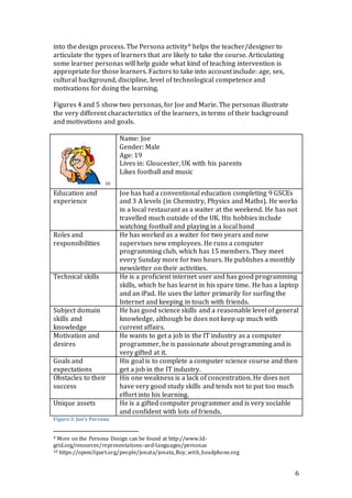 6 
into the design process. The Persona activity9 helps the teacher/designer to 
articulate the types of learners that are likely to take the course. Articulating 
some learner personas will help guide what kind of teaching intervention is 
appropriate for those learners. Factors to take into account include: age, sex, 
cultural background, discipline, level of technological competence and 
motivations for doing the learning. 
Figures 4 and 5 show two personas, for Joe and Marie. The personas illustrate 
the very different characteristics of the learners, in terms of their background 
and motivations and goals. 
10 
Name: Joe 
Gender: Male 
Age: 19 
Lives in: Gloucester, UK with his parents 
Likes football and music 
Education and 
experience 
Joe has had a conventional education completing 9 GSCEs 
and 3 A levels (in Chemistry, Physics and Maths). He works 
in a local restaurant as a waiter at the weekend. He has not 
travelled much outside of the UK. His hobbies include 
watching football and playing in a local band 
Roles and 
responsibilities 
He has worked as a waiter for two years and now 
supervises new employees. He runs a computer 
programming club, which has 15 members. They meet 
every Sunday more for two hours. He publishes a monthly 
newsletter on their activities. 
Technical skills He is a proficient internet user and has good programming 
skills, which he has learnt in his spare time. He has a laptop 
and an iPad. He uses the latter primarily for surfing the 
Internet and keeping in touch with friends. 
Subject domain 
skills and 
knowledge 
He has good science skills and a reasonable level of general 
knowledge, although he does not keep up much with 
current affairs. 
Motivation and 
desires 
He wants to get a job in the IT industry as a computer 
programmer, he is passionate about programming and is 
very gifted at it. 
Goals and 
expectations 
His goal is to complete a computer science course and then 
get a job in the IT industry. 
Obstacles to their 
success 
His one weakness is a lack of concentration. He does not 
have very good study skills and tends not to put too much 
effort into his learning. 
Unique assets He is a gifted computer programmer and is very sociable 
and confident with lots of friends. 
Figure 3: Joe's Persona 
9 More on the Persona Design can be found at http://www.ld-grid. 
org/resources/representations-and-languages/personas 
10 https://openclipart.org/people/jonata/jonata_Boy_with_headphone.svg 
 