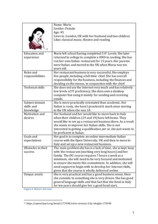 7 
11 
Name: Maria 
Gender: Female 
Age: 45 
Lives in: London, UK with her husband and two children 
Likes classical music, theatre and reading 
Education and 
experience 
Marie left school having completed 5 O’ Levels. She later 
returned to college to complete a HND in cooking. She has 
run her own Italian restaurant for 15 years. Her parents 
were Italian and moved to the UK when Maria was ten 
years old. 
Roles and 
responsibilities 
Her restaurant business is very successful. She employs 
five people, including a full-time chief. She has overall 
responsibility for the business, including the finances and 
deciding on the menus, in conjunction with the chief. 
Technical skills She does not use the Internet very much and has relatively 
low levels of IT proficiency. She does own a desktop 
computer but using it mainly for sending and receiving 
emails. 
Subject domain 
skills and 
knowledge 
She is more practically orientated than academic. Her 
Italian is rusty, she hasn’t practiced it much since moving 
to the UK when she was 10. 
Motivation and 
desires 
Her husband and her would like to move back to Italy 
when their children (19 and 19) have left home. They 
would like to set up a restaurant business there. As a result 
she wants to improve her Italian skills. She is not 
interested in getting a qualification per se, she just wants to 
be proficient in Italian. 
Goals and 
expectations 
Her goal is to complete an online intermediate Italian 
course with the Open University, UK and then to move to 
Italy and set up a new restaurant business. 
Obstacles to their 
success 
The main problem she has is a lack of time, she is kept busy 
with the restaurant (working very long hours) and her 
family. The OU course requires 7 hours a week as a 
minimum, she will need to be very focused and motivated 
to ensure she meets this commitment. In addition, she will 
need support to begin with to develop her Internet skills, 
given that the course is wholly delivered online. 
Unique assets She is very practical and has a good business sense. Once 
she commits to something she is very driven. She has good 
general language skills and that fact that she lived in Italy 
for ten years should give her a good head start. 
Figure 4: Maria's Persona 
11 https://openclipart.org/detail/173498/retro-woman-2-by-tikigiki-173498 
 