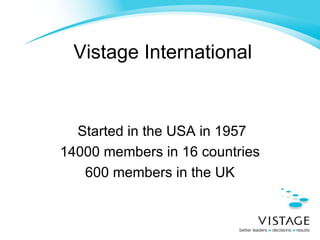 Vistage International Started in the USA in 1957 14000 members in 16 countries 600 members in the UK 